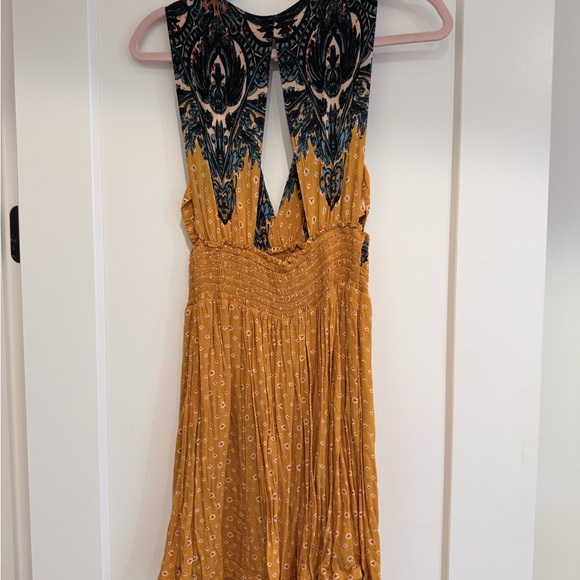 Free People Mustard Yellow Midi Dress with Patterned Navy Bodice - Picture 3 of 4